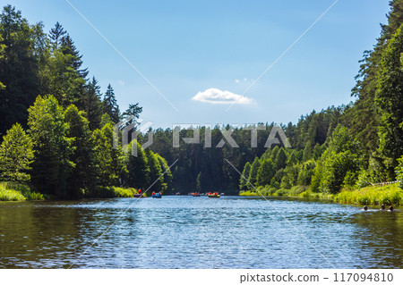 Landscape of forest and river on a sunny summer day Landscape of forest and river on a sunny summer day 117094810