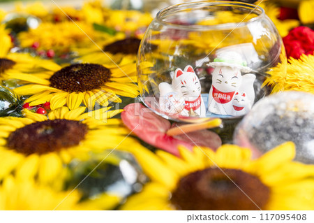 Sunflower flower water fountain at Takekoma Shrine, Iwanuma City, Miyagi Prefecture 117095408
