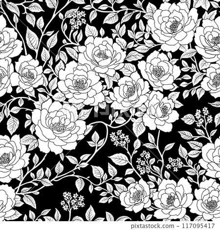 Floral Seamless Pattern of Roses Flowers and leaves in Chinoiserie style White Silhouettes on Black Background. Wallpaper Design for Textiles, Papers, Prints, Beauty Products. Floral Seamless Pattern of Roses Flowers and leaves in Chinoiserie style White Silhouettes on Black Background. Wallpaper Design for Textiles, Papers, Prints, Beauty Products. 117095417