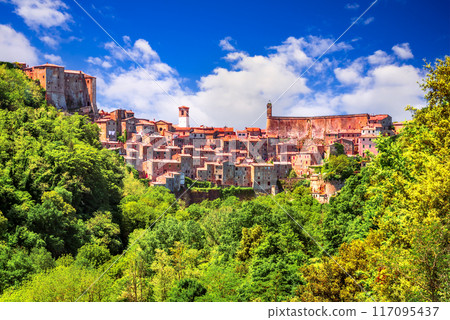 Sorano, Italy. Panoramic view of Sorano tuff small city, Grosseto Province in Tuscany. 117095437