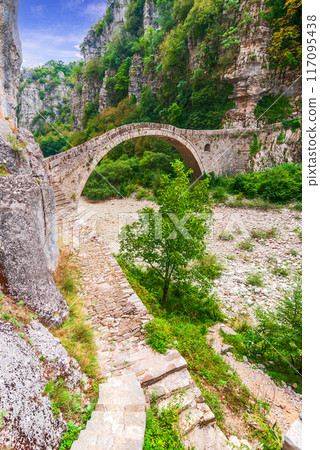 Zagori, Greece. Kokkorou Bridge, Vikos Aoos canyon region in Pindus Mountains, North Greece. 117095438