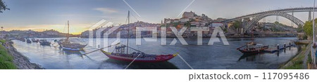 Panoramic view over Porto from the bank of Douro River during sunset Panoramic view over Porto from the bank of Douro River during sunset 117095486