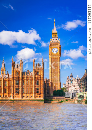 London, United Kingdom. Big Ben and Parliament Building on Thames riverbank. London, United Kingdom. Big Ben and Parliament Building on Thames riverbank. 117095513