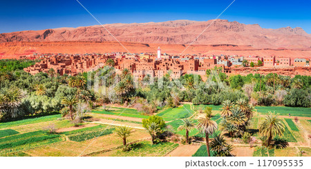 Tinghir, Morocco. Old berber architecture in Todra Oasis, Tagounsa village in Atlas Mountains. Tinghir, Morocco. Old berber architecture in Todra Oasis, Tagounsa village in Atlas Mountains. 117095535