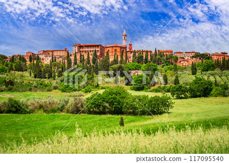 Pienza, Tuscany. Medieval charming town, rolling hills landscape in Italian countryside, romantic atmosphere. Pienza, Tuscany. Medieval charming town, rolling hills landscape in Italian countryside, romantic atmosphere. 117095540