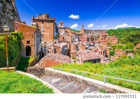 Sorano, Italy. Panoramic view of tuff rock small city, Grosseto Province in Tuscany. 117095551