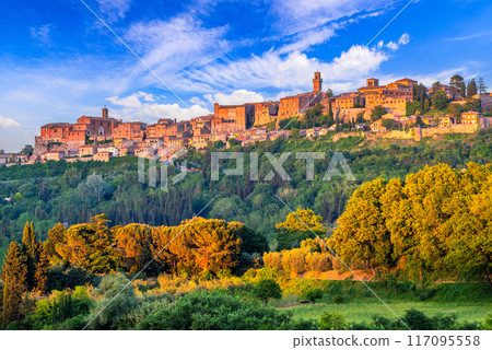 Montepulciano, Italy. Beautiful cityscape view of historical town famous for its wine, Tuscany countryside. Montepulciano, Italy. Beautiful cityscape view of historical town famous for its wine, Tuscany countryside. 117095558