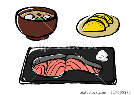 日本食品插圖集刷味噌湯和 Takuan 烤鮭魚 117095573