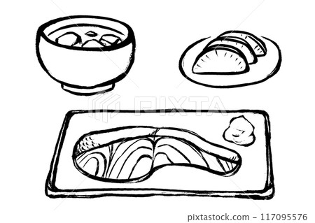 刷感味噌湯和 Takuan 烤鮭魚單色線條畫插圖集 刷感味噌湯和 Takuan 烤鮭魚單色線條畫插圖集 117095576
