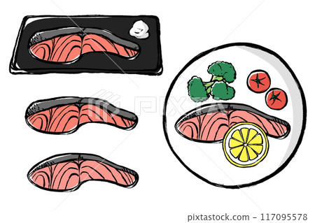 一套鮭魚菜餚和鮭魚插圖 一套鮭魚菜餚和鮭魚插圖 117095578