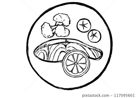 用畫筆描邊繪製鮭魚 meuniere 的單色線圖 117095601