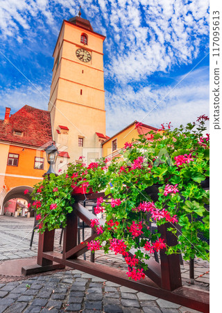 Sibiu, Romania. Cityscape with Council Tower, morning summer light, beautiful city in Transylvania. 117095613