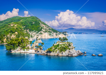 Parga, Greece. Aerial view of beautiful colorful coastal town in Epirus, Greek holidays. 117095621
