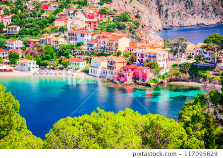 Assos, Greece. Idyllic Kefalonia and small village, Greek Islands and Ionian Sea turqoise waters. Assos, Greece. Idyllic Kefalonia and small village, Greek Islands and Ionian Sea turqoise waters. 117095629