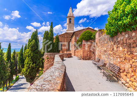 Pienza, Italy. Beautiful cathedral and Via del Casello, charming small town in Tuscany. 117095645