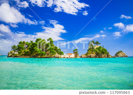 Parga, Greece. Beautiful turquoise waters on coastal town of Epirus, Greek holidays. 117095663