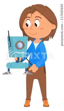 Cartoon boy hold robot. Kid play with mechanical futuristic machine 117095695