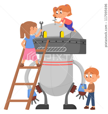 Kids constructing big robot. Children engineering and learning technology 117095696