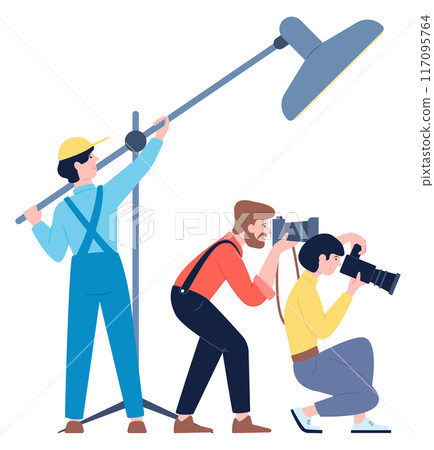 Tv operators and professional photographer shooting. Cameraman crew 117095764