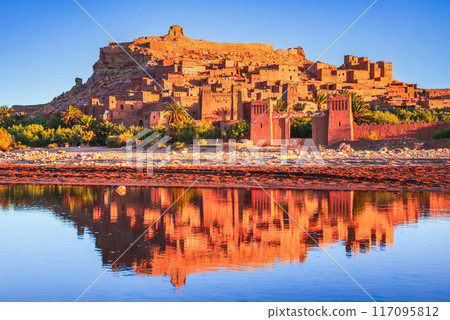 Ait Benhaddou, Morocco. Famous old clay town in High Atlas mountains, Ouarzazate. Ait Benhaddou, Morocco. Famous old clay town in High Atlas mountains, Ouarzazate. 117095812