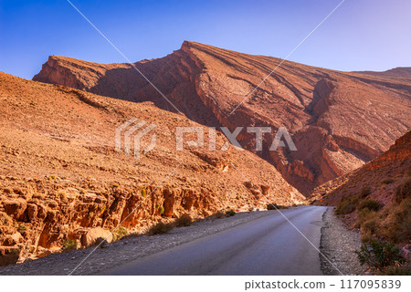 Todgha Gorge, Morocco. Limestone river canyons, or wadi, in the eastern part of the High Atlas Mountains. Todgha Gorge, Morocco. Limestone river canyons, or wadi, in the eastern part of the High Atlas Mountains. 117095839
