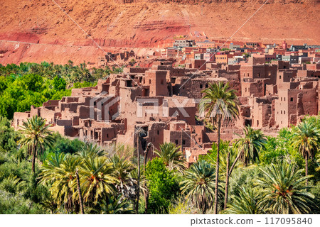 Tinghir, Morocco. Old berber architecture in Todra Oasis, Tagounsa village in Atlas Mountains. 117095840
