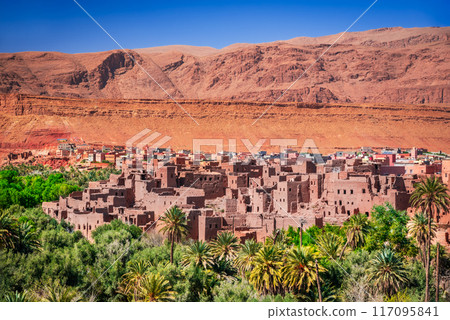 Tinghir, Morocco. Old berber architecture in Todra Valley and Oasis, Tagounsa village in Atlas Mountains. Tinghir, Morocco. Old berber architecture in Todra Valley and Oasis, Tagounsa village in Atlas Mountains. 117095841