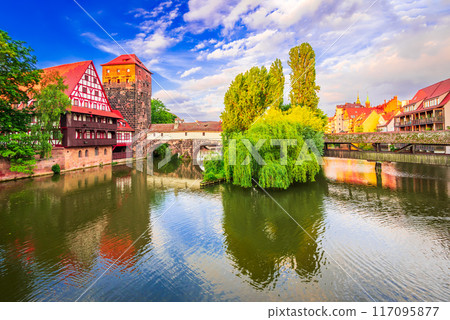 Nuremberg, Germany. Picturesque Pegnitz River,  half-timbered old houses - Bavaria. 117095877