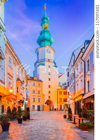 Bratislava, Slovakia. Michael's Gate tower, street in the Old Town 117095885