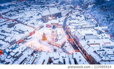 Brasov, Romania - Council Square and Christmas Tree, winter in Transylvania. Brasov, Romania - Council Square and Christmas Tree, winter in Transylvania. 117095914