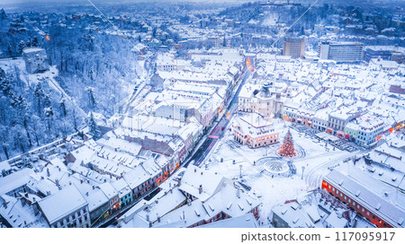 Brasov, Romania. Aerial view of Council Square and Christmas Tree, Transylvania landmark, Eastern Europe 117095917