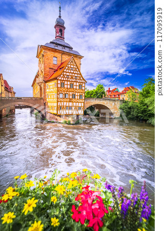 Bamberg, Germay. Beautiful small town of Bavaria, colored sunset sky.. Bamberg, Germay. Beautiful small town of Bavaria, colored sunset sky.. 117095919