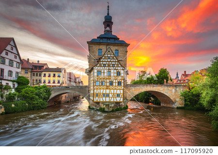 Bamberg, Germay. Beautiful small town of Bavaria, colored sunset sky.. 117095920