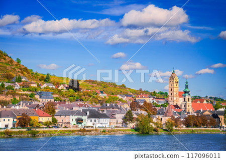 Krems an der Donau, Austria. Wachau Valley on Danube River, autumn colored landscape. Krems an der Donau, Austria. Wachau Valley on Danube River, autumn colored landscape. 117096011