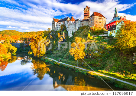 Loket, Czech Republic. Charming town and Ohre River landscape, Bohemia, autumn colors. 117096017