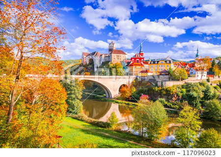 Loket, Czech Republic. Charming town, Ohre River in the near of Karlovy Vary, Bohemia, autumn colors. Loket, Czech Republic. Charming town, Ohre River in the near of Karlovy Vary, Bohemia, autumn colors. 117096023