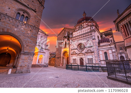 Bergamo, Italy - Piazza Duomo in the upper town, Citta Alta at dusk, beautiful historical town in Lombardy 117096028