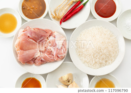 Ingredients for Thai dish Khao Man Gai Ingredients for Thai dish Khao Man Gai 117096790