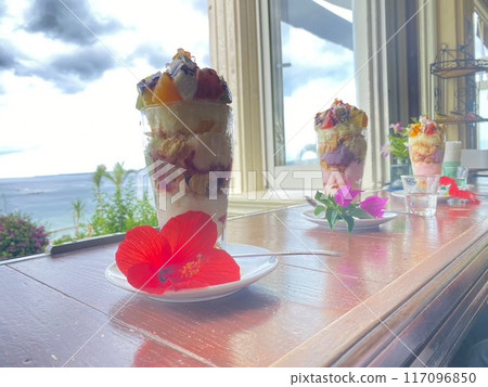 Tropical parfait at a beachside cafe Tropical parfait at a beachside cafe 117096850
