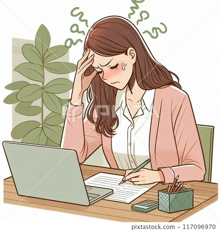 一位工作中的女性在回想起自己的私生活時顯得很困惑。 117096970