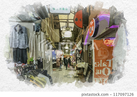 Watercolor style Tsuruhashi Tsuruhashi Shopping Street Osaka City, Osaka Prefecture 117097126