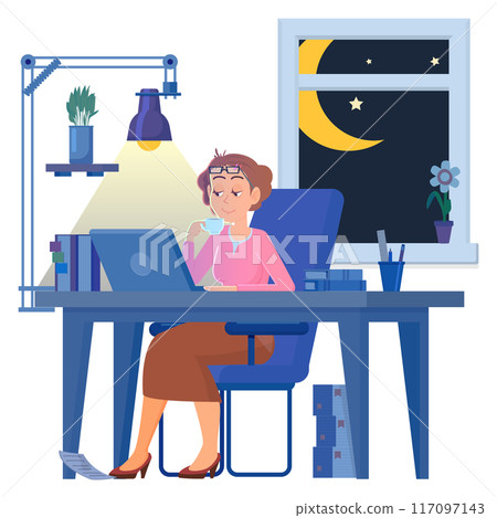 Woman work late. Office employee in workplace interior with night window 117097143
