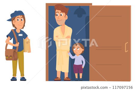 Courier deliver package. Man stand in open door Courier deliver package. Man stand in open door 117097156