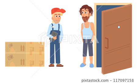 Wooden box delivery to doorstep. Shipping service worker talk with client Wooden box delivery to doorstep. Shipping service worker talk with client 117097158