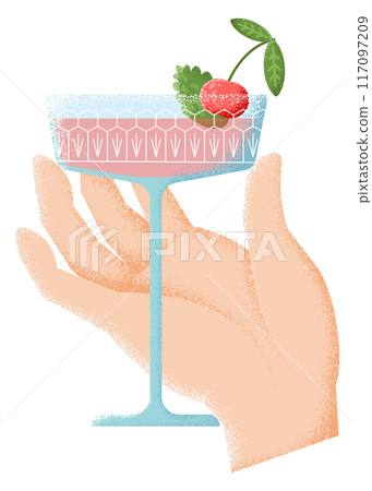 Summer cocktail glass in hand. Cosmopolitan drink icon Summer cocktail glass in hand. Cosmopolitan drink icon 117097209