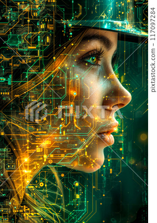 Woman's face with circuit board pattern in the background and woman's face in the foreground. 117097284