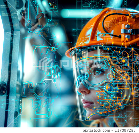 Woman wearing hard hat and glasses in front of computer screen. 117097285