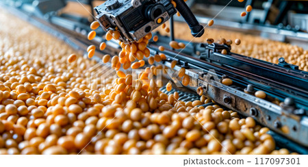 Machine that is making corn on conveyor belt in factory. 117097301