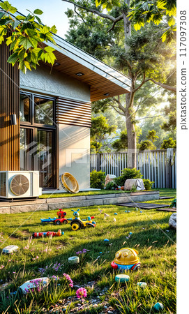 Yard with toys and air conditioner on the grass in front of house. 117097308