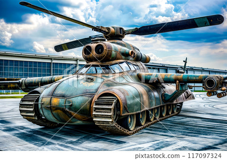 Tank painted like tank with propeller on the top of it. 117097324